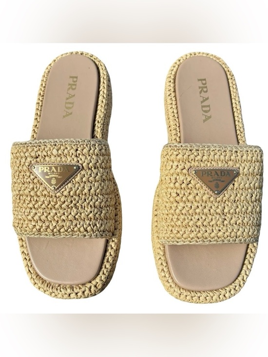 Prada Shoes - Prada Beige Woven Raffia Slide Mules with Metal Logo
